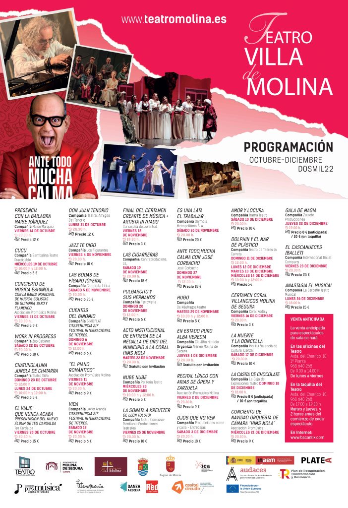 MOLINA DE SEGURA | El ‘Teatro Villa de Molina’ ofrece 32 espectáculos para la temporada de octubre a diciembre de 2022
