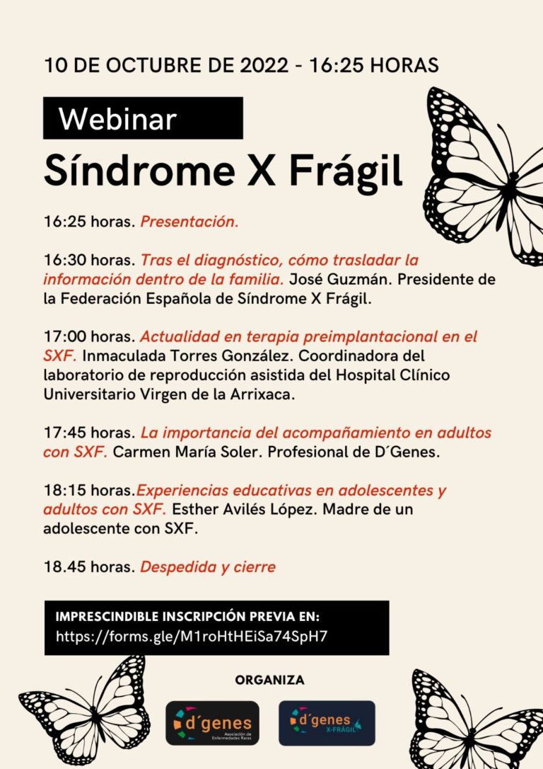 El próximo 10 de octubre D´Genes ha organizado un webinar sobre el Síndrome X Frágil, coincidiendo con el Día Europeo de esta patología￼
