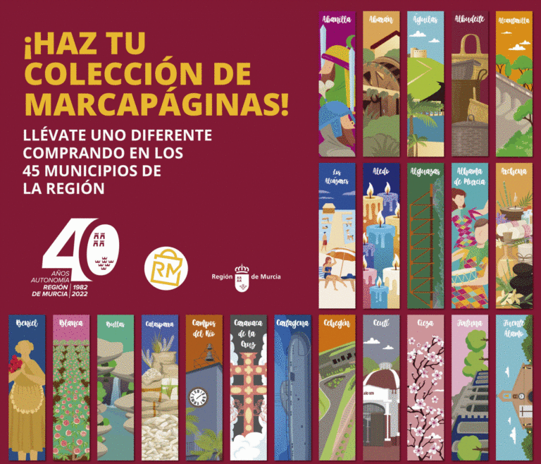 45 marcapáginas representan cada uno de los municipios de la Región de Murcia. ¡Consigue uno distinto por cada municipio en el que compres!