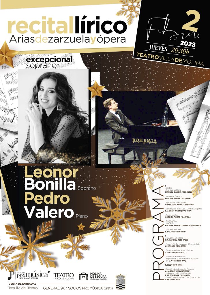MOLINA DE SEGURA | La soprano Leonor Bonilla y el pianista Pedro Valero ofrecen un RECITAL LÍRICO con arias de zarzuela y ópera en el ‘Teatro Villa de Molina’ el jueves 2 de febrero