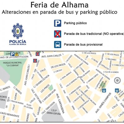 FESTEJOS | Cortes de tráfico y desvío provisional de la parada de autobus del 11 al 16 de octubre con motivo de la Feria de Alhama