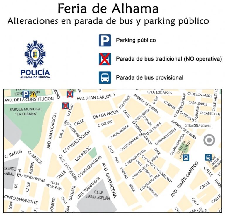 FESTEJOS | Cortes de tráfico y desvío provisional de la parada de autobus del 11 al 16 de octubre con motivo de la Feria de Alhama