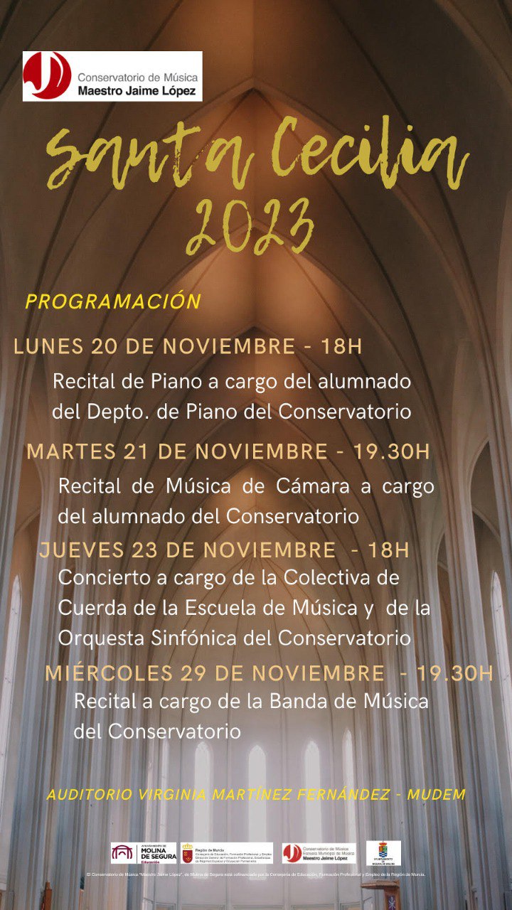 CULTURA | El Conservatorio de Música ‘Maestro Jaime López’ de Molina de Segura ofrece varias actividades en honor a Santa Cecilia, patrona de la música, del 20 al 29 de noviembre