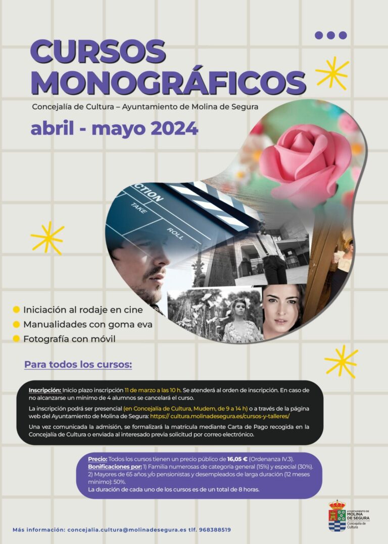 La Concejalía de Cultura de Molina de Segura organiza tres cursos monográficos esta primavera
